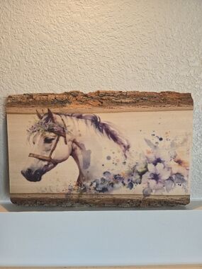 Wood Accent Horse Live Edge Wood Art in Purple and Cream